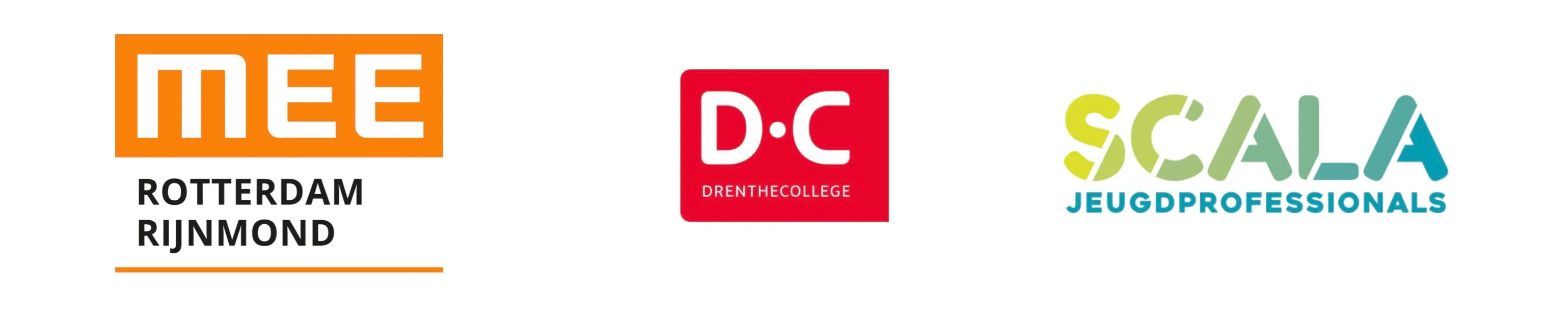 Logo's van klanten: MEE Rotterdam Rijnmond, Drenthe College en Scala Jeugdprofessionals
